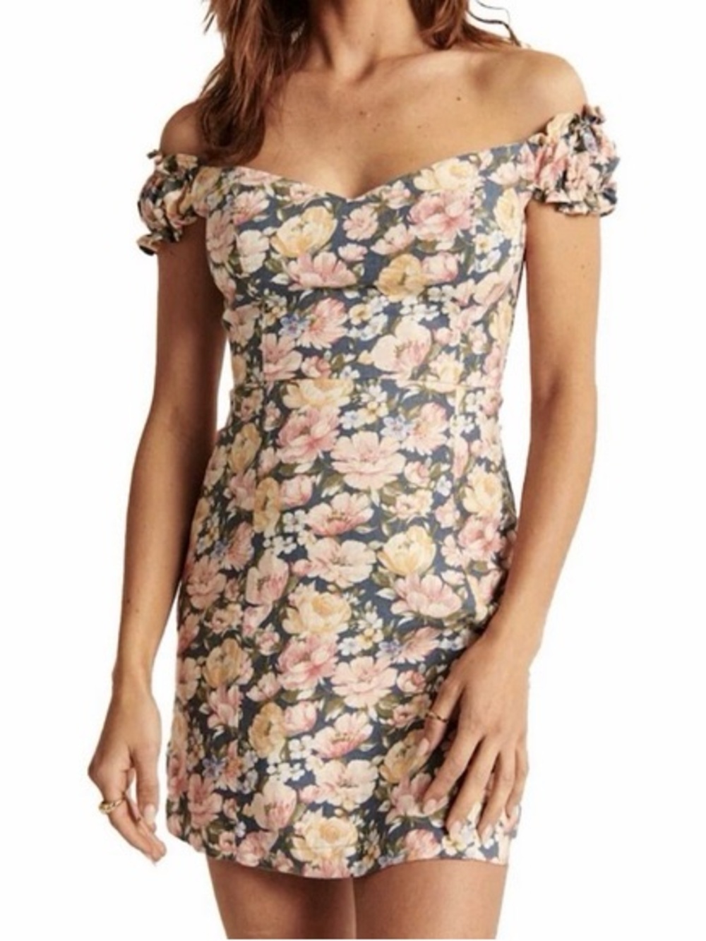Abercrombie & Fitch Floral Off-Shoulder Mini Dress in Blue and Pink